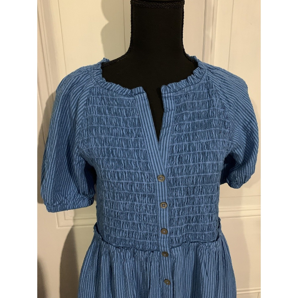 Sundance Topsail‎ Tiered Blue Seersucker Striped Maxi Dress Size Small - Picture 2 of 7